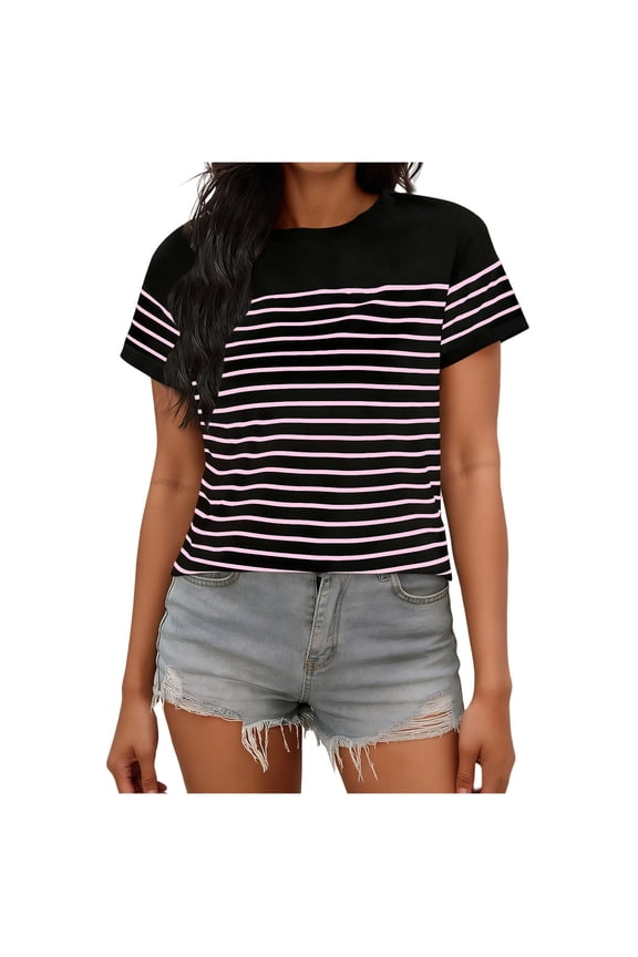 Women's Striped T-Shirt Casual Short Sleeve Crewneck Tee Horizontal Stripe Top for Layering or Summer Pink S
