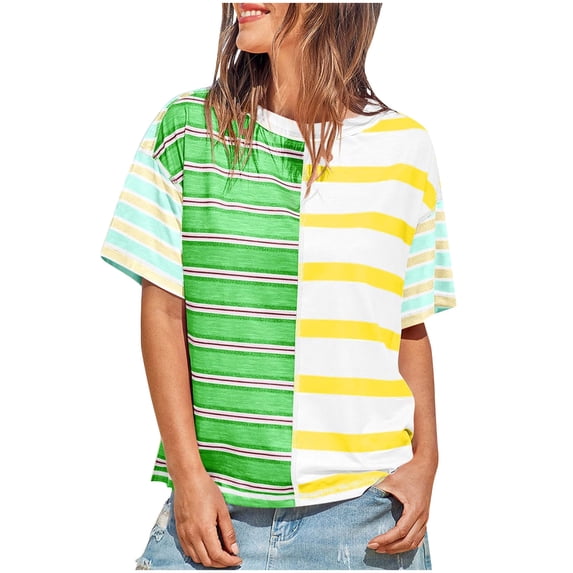 Women's Striped T Shirts Color Block Crewneck Short Sleeve Tshirts Casual Summer Tops Loose Fit Cozy Tees (L, Yellow 01)
