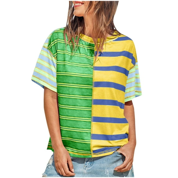 Women's Striped T Shirts Color Block Crewneck Short Sleeve Tshirts Casual Summer Tops Loose Fit Cozy Tees (M, Yellow)