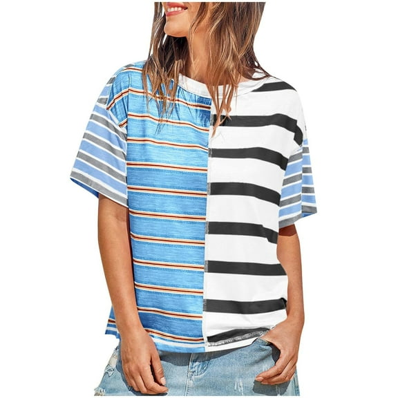 Women's Striped T Shirts Color Block Crewneck Short Sleeve Tshirts Casual Summer Tops Loose Fit Cozy Tees (S, Black 01)