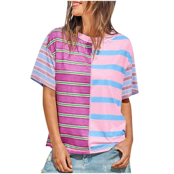 Women's Striped T Shirts Color Block Crewneck Short Sleeve Tshirts Casual Summer Tops Loose Fit Cozy Tees (XL, Pink)