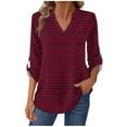 thumbnail image 1 of Women's Striped T-Shirts Trendy V-Neck Shirt Long Sleeve Button Tees Casual Fashion Shirts Classic Fit Pullover Tops (2XL, Wine), 1 of 6