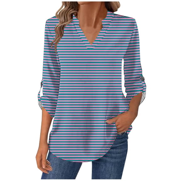 Women's Striped T-Shirts Trendy V-Neck Shirt Long Sleeve Button Tees Casual Fashion Shirts Classic Fit Pullover Tops (L, Dark Blue)