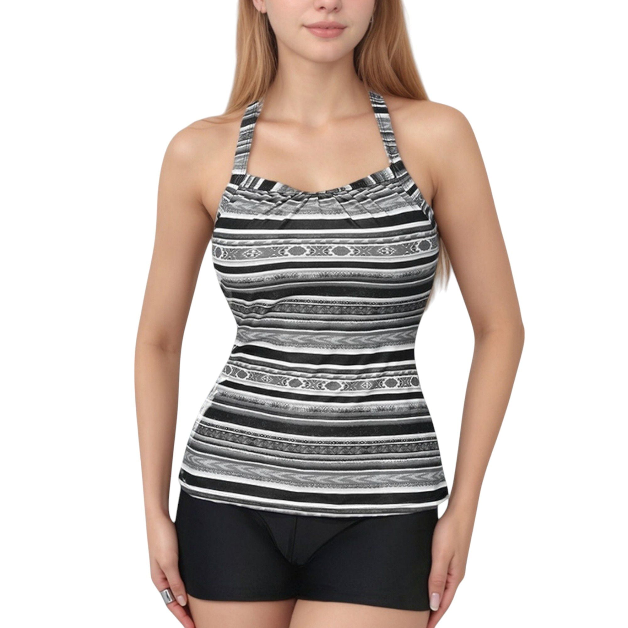 Women's Striped Tankini Top and MidRise Swim Shorts TwoPiece Swimsuit