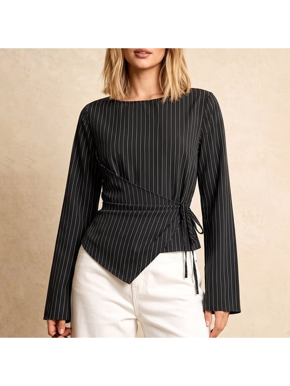 Women's Striped Tee Long Sleeve T Shirts Cinched Tie Waist Tops Wrap Tops for Women