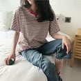 thumbnail image 1 of Women's Striped Tee, Summer Casual T-Shirt Short Sleeve O-Neck Korean Style Loose Tops, 1 of 4