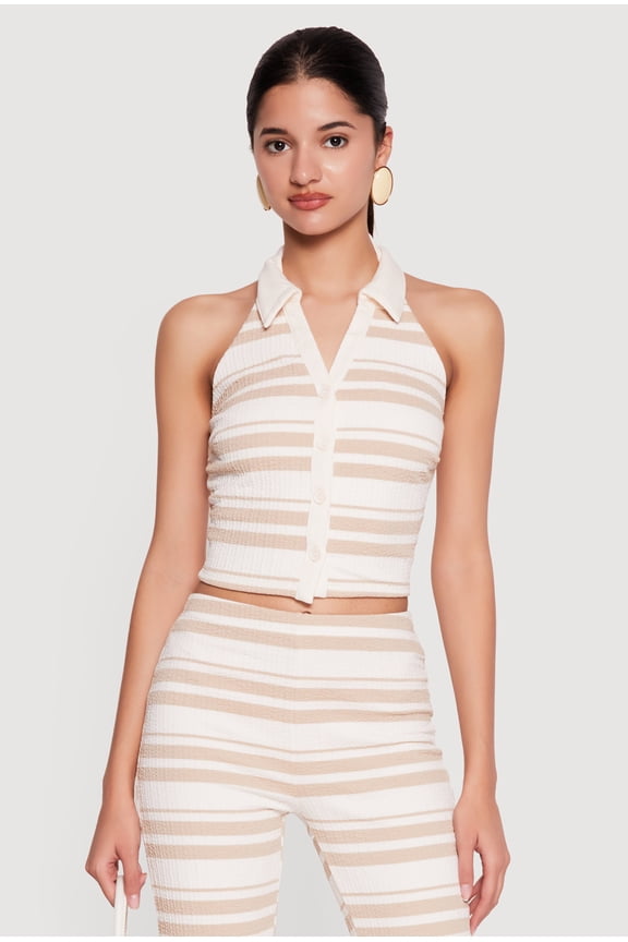 Women's Striped Textured Knit Collared Halter Top
