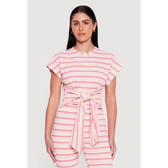 Women's Striped Textured Knit Knot Front Blouse