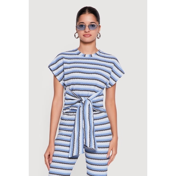 Women's Striped Textured Knit Knot Front Blouse