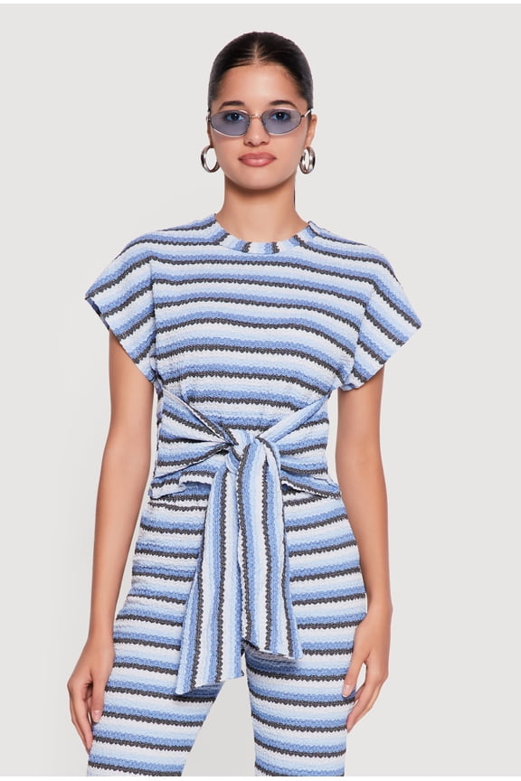Women's Striped Textured Knit Knot Front Blouse