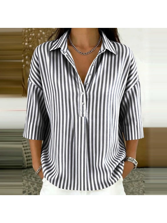 Women's Striped Three-Quarter Sleeve Button Front Lapel Blouse Loose Casual Top