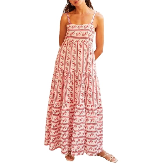 Women's Striped Tie Shoulder Tiered Maxi Dress with Smocked Bodice 80% polyester and 20% cotton fabric ideal for events