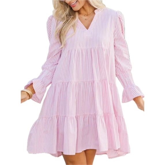 Women's Striped Tiered Flounce Sleeve Shirt Dress Ruffled Smocked Design 95% Polyester 5% Spandex Machine Wash Cold