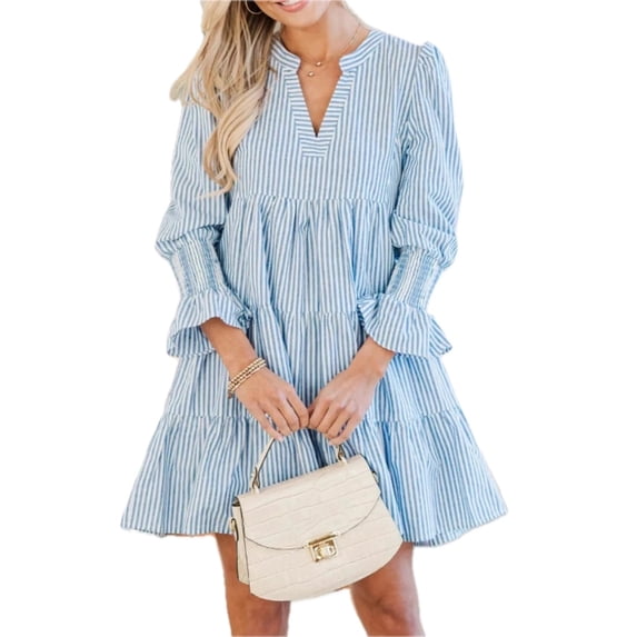 Women's Striped Tiered Flounce Sleeve Shirt Dress Ruffled Smocked Design 95% Polyester 5% Spandex Machine Wash Cold