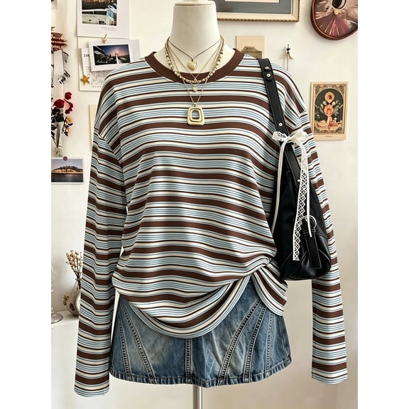 Women's Striped Top Crew Neck Drop Shoulder Long Sleeve Loose Fit Ribbed Cuffs Hem Pullover for Fall Spring Layering Retro Streetwear Daily Outfits