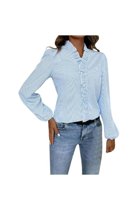 Women's Striped Tops Long Sleeve Mock Neck Ruffle Shirt Fashion Fashion Casual Loose Solid Color Office Blouse (Light Blue L)