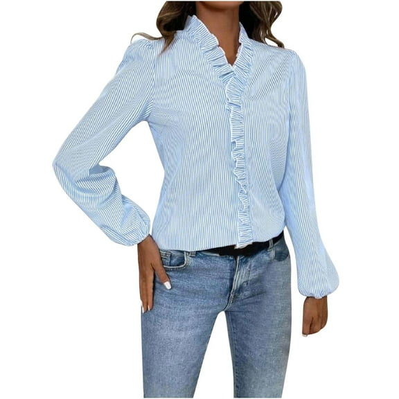 Women's Striped Tops Long Sleeve Mock Neck Ruffle Shirt Fashion Fashion Casual Loose Solid Color Office Blouse (Light Blue XL)