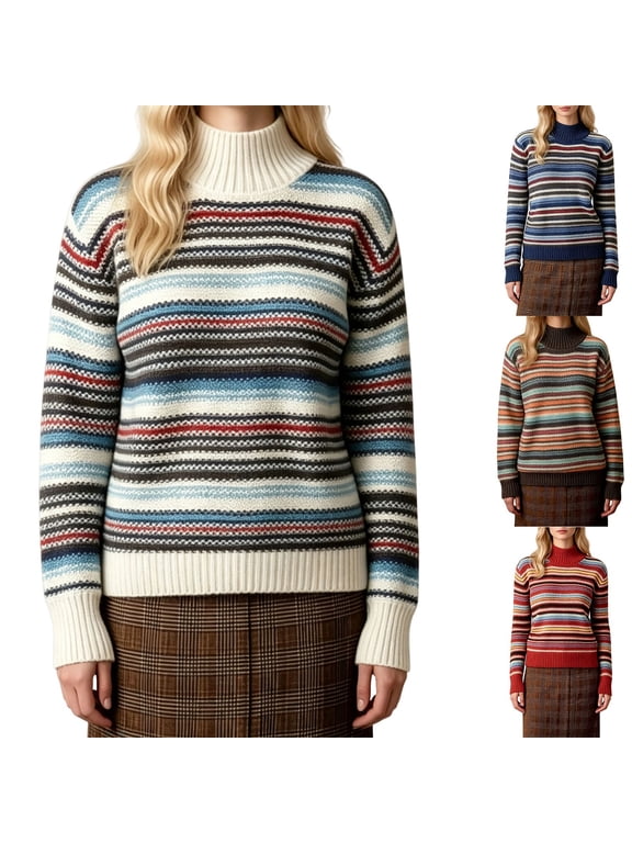 Women's Striped Turtleneck Sweater Long Sleeve Slim Fit Casual Pullover