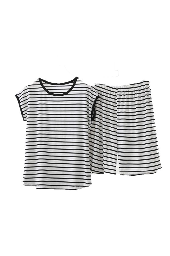 Women's Striped Two Piece Set, Short Sleeve Top and Shorts Outfit, Black and White Stripe Loungewear Set, Summer Matching Outfit, Casual Pajama Set for Women-White