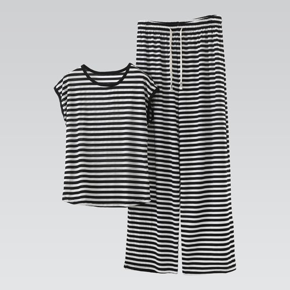 Women's Striped Two Piece Set, Short Sleeve Top Wide Leg Pants Set, Black and White Stripe Summer Outfits for Women, Casual Lounge Set, Vacation and Maternity Outfits-Gray