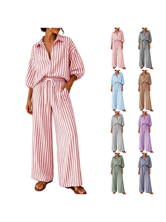 Two Piece Sets for Women V Neck Striped Lapel 3/4 Sleeve Top Wide Leg Pants Fashion Suit for Daily Dating Party Work Vacation Wear