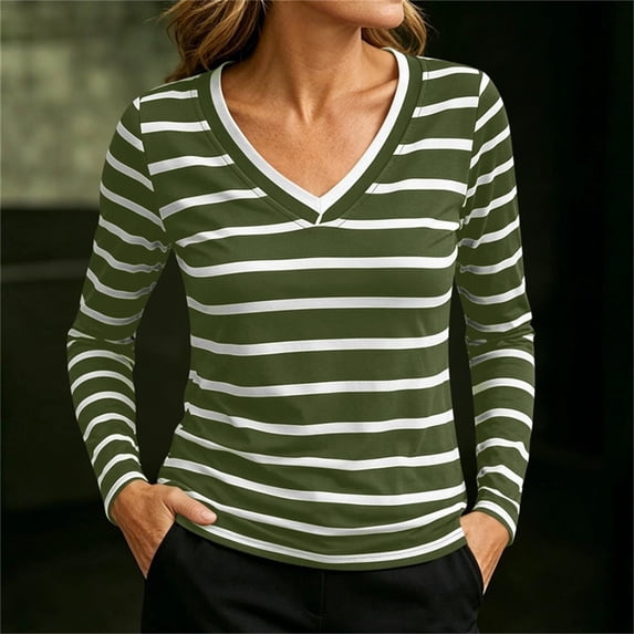 Women's Striped V Neck Blouse, Long Sleeve Casual Top, Lightweight Blouse for Spring Fall | CSEONE,Army Green L