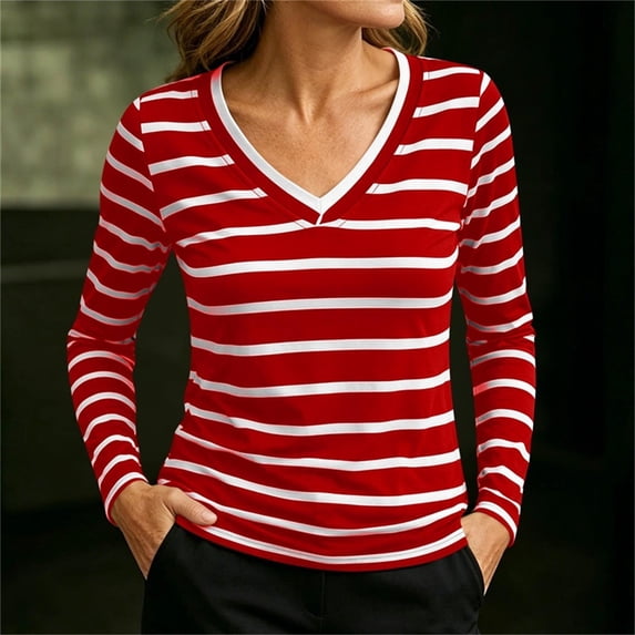 Women's Striped V Neck Blouse, Long Sleeve Casual Top, Lightweight Blouse for Spring Fall | CSEONE,Wine L