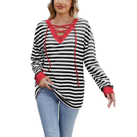Women's Striped V-Neck Drawstring Sweatshirts Long Sleeve Relaxed Fit Sweaters Pullover Fashion Fall Tops Outfit (M, Black)