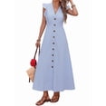 thumbnail image 1 of Women's Striped V-Neck Ruffle Sleeve Button Front Waist Belt Maxi Dress Blue S, 1 of 10