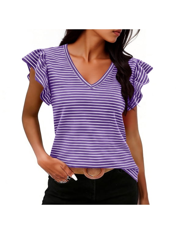 Women's Striped V-Neck Ruffle Sleeve T-Shirt, Casual Short Sleeve Ruffle Trim Blouse, Loose Fit Basic Tee for Everyday Wear Purple M
