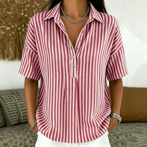 Women's Striped V-Neck Short Sleeve T-Shirt Loose Fit Casual Summer Top