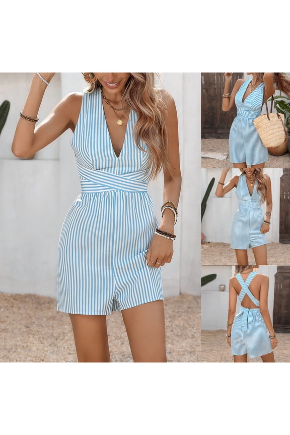 Women's Striped V Neck Sleeveless Short Jumpsuit, Strapless Backless Romper, Soft Polyester Fabric, Going Out, Party, Summer Vacation, Casual Day | TruHer,Blue M