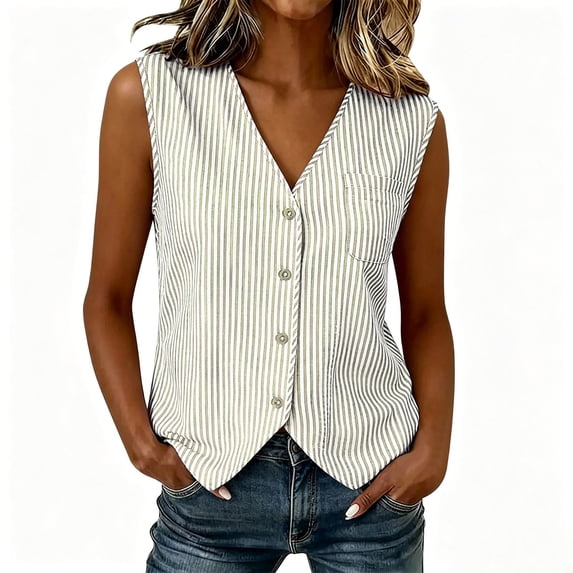 Women's Striped Vest Sleeveless Button Down Open Front Tops Office Casual Layeringlook Waistcoat
