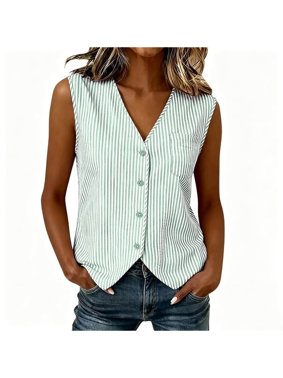 Women's Striped Vest Sleeveless Button Down Open Front Tops Office Casual Layeringlook Waistcoat
