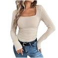 thumbnail image 1 of Women's Striped Waffle Knit T Shirts Square Neck Long Sleeve Ruched Tee Tops Beige XXL, 1 of 8