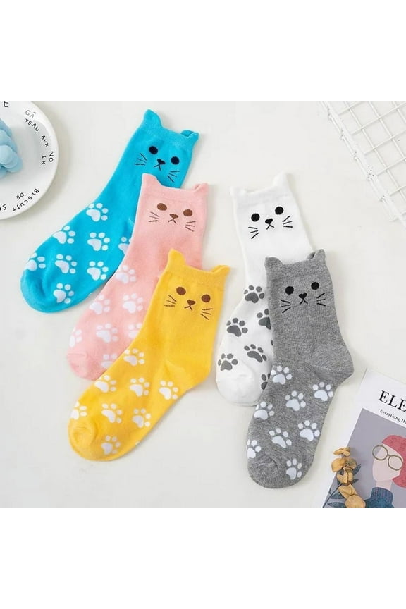 Women's Striped Warm Crew Socks | Cute Cat Pattern | Soft Cotton Blend | Elastic Ankle Comfort | Set of 5 Pairs | Perfect for Autumn Winter | US Size 5-8 | 22.5-25.5cm