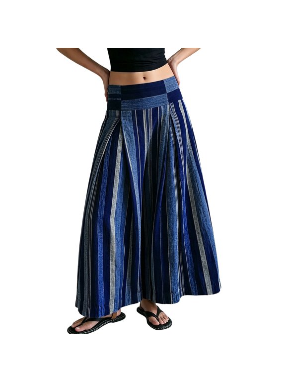Women's Striped Wide Leg Harem Pants, High Waisted Smocked Waist Flowy Palazzo Trousers for Women, Loose Boho Beach Vacation Pants for Spring, Summer and Daily Wear Blue