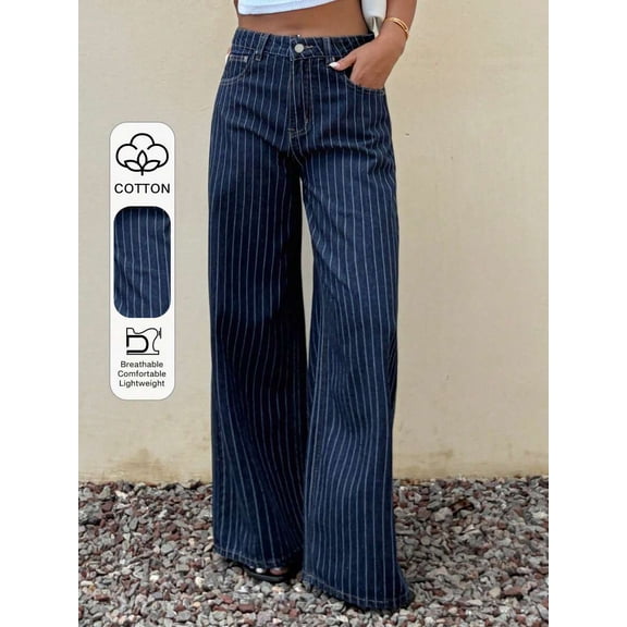 Women's Striped Wide Leg Jeans, High Waist Loose Casual Streetwear Trousers