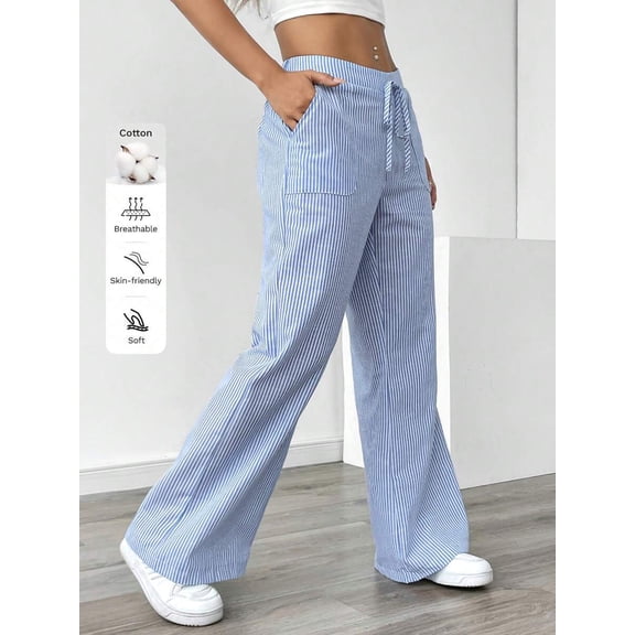 Women's Striped Wide Leg Pants, Elastic Waist Loose Fit Trousers for Petite Women, Everyday & Casual Wear