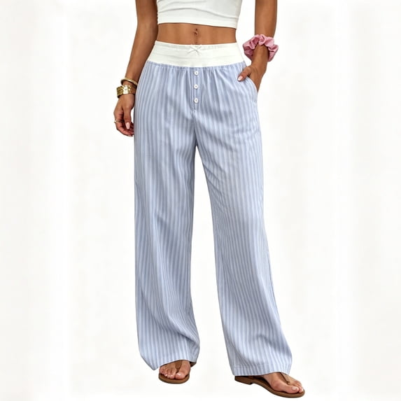 Women's Striped Wide Leg Pants High Waist Elastic Waistband Casual Lounge Pants Button Front Flowy Trousers