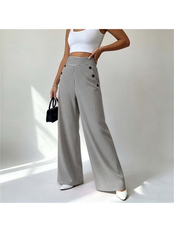 Women's Striped Wide Leg Pants High Waisted Flattering Sailor Trousers with Button Detail Loose Fit Lightweight Bottoms for Summer Casual Office Work Wear