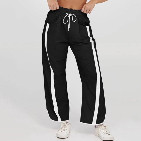 Women's Striped Wide Leg Pants with Pockets, Oversized Barrel Cut Lightweight Cotton Casual Trousers, Elastic Waist Comfy Lounge Pajama Pant for Outdoor, Travel and Daily Wear Black M