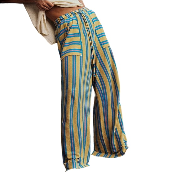 Women's Striped Wide Leg Pants with Pockets, Casual Elastic Drawstring Waist Palazzo Trousers, Summer Loose Fit Boho Long Pants
