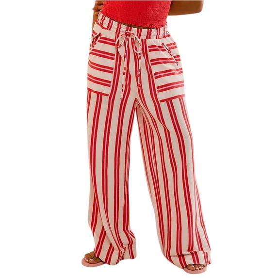 Women's Striped Wide Leg Pants with Pockets, Casual Elastic Drawstring Waist Palazzo Trousers, Summer Loose Fit Boho Long Pants