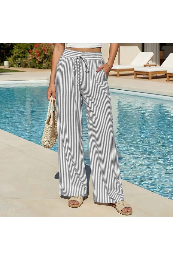 Women's Striped Wide Leg Trousers, Elastic Waist Drawstring Beach Pants With Pockets, Loose Summer Vacation Essentials Gray 3XL