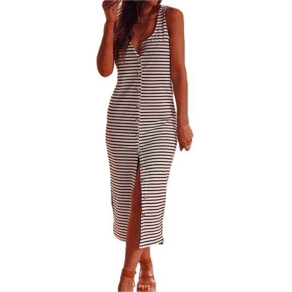 Women's Striped Wide Strap Midi Dress with Silhouette and Ninety Five Percent Cotton and Five Percent Elastane
