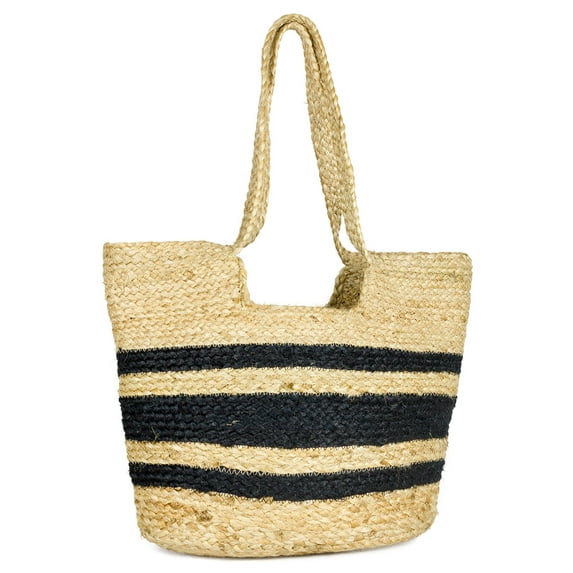 Women's Striped Woven Jute Beach Tote Bag with Double Handle