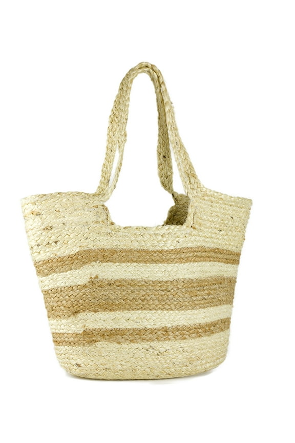 Women's Striped Woven Jute Beach Tote Bag with Double Handle