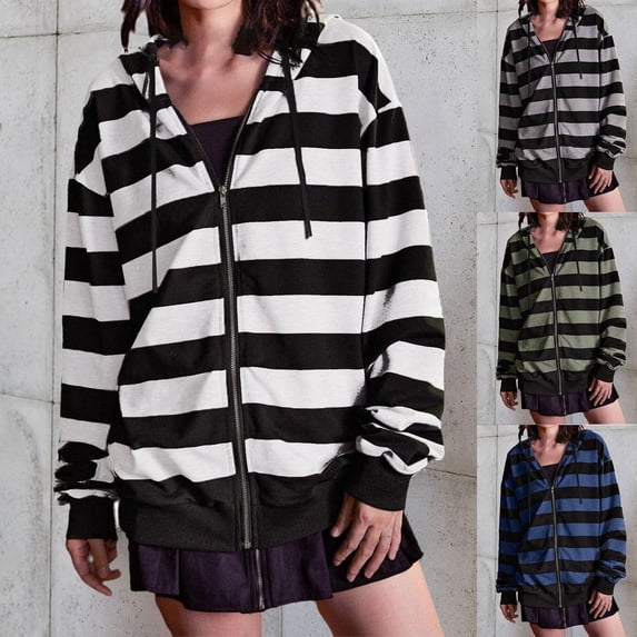 Women's Striped Zip Up Hooded Sweatshirt, Oversized Loose Fit with Drawstring Waist, Long Sleeve Casual Jacket for Autumn Winter Street Style and Layering-Blue