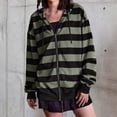 thumbnail image 1 of Women's Striped Zip Up Hooded Sweatshirt, Oversized Loose Fit with Drawstring Waist, Long Sleeve Casual Jacket for Autumn Winter Street Style and Layering-Green, 1 of 4